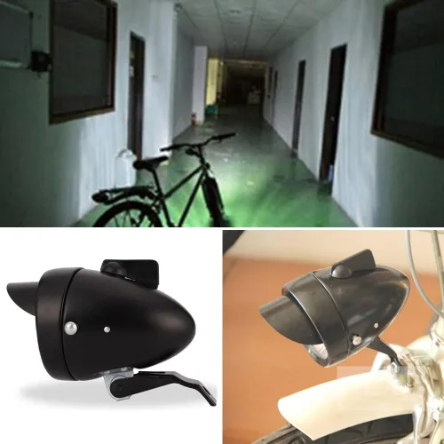 Vista 9 de con ala delantera cromo metal Shell clásico brillante bicicleta faro retro vintage bicicleta luz LED jinete ciclismo niebla cabeza lámpara