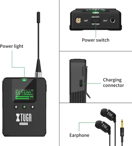 Vista 9 de XTUGA Sem100 in Sistema de monitor de oído estéreo inalámbrico 1 Bodypacks recargables Monitoreo UHF con Bluetooth Select Wireless en auriculares