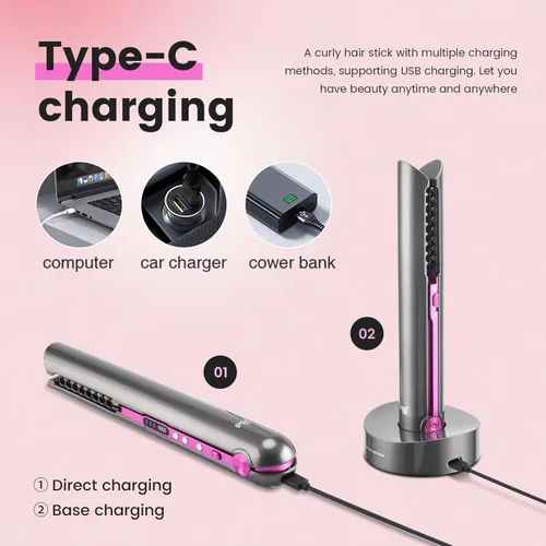 Vista 2 de Plancha plana inalámbrica, mini alisadora de pelo y rizador para sobre la marcha, tamaño de viaje portátil, tamaño de viaje, recargable USB-C
