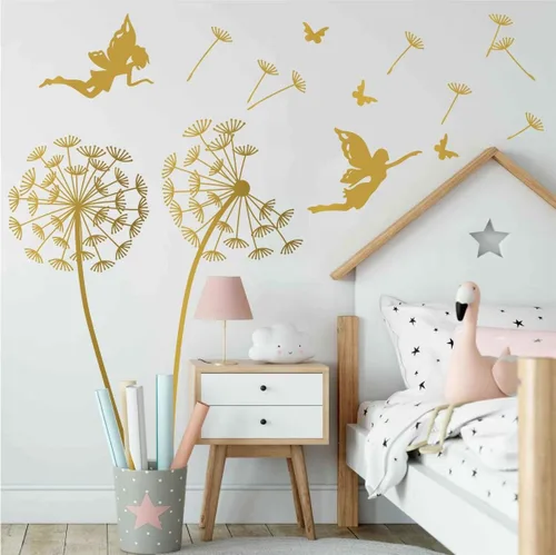 Vista 2 de Calcomanía de pared de dientes de león con hada, decoración de habitación de bebé niña BA435 (dorado, lado izquierdo)
