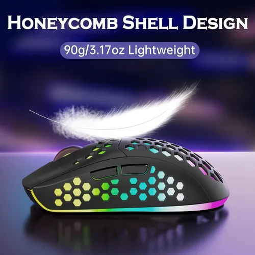 Vista 2 de Mouse inalámbrico ligero para juegos, mouse recargable UHURU WM-08 con carcasa de panal de abeja, 11 modos de luz LED, 4 DPI ajustables, mouse RGB