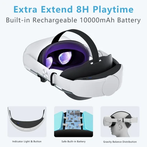 Vista 2 de Saqico Head Strap with Battery for Oculus Quest 2 10000mAh Battery Pack Extend 8H Playtime Fast Charging VR Power Adjustable Elite Strap Replacement