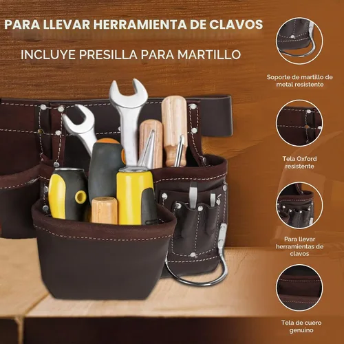 Vista 5 de Bolsa de cuero para cinturón de herramientas, cómodas bolsas de herramientas de apoyo para la espalda con tirantes para construcción, enmarcadores