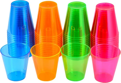 250 vasos desechables de plástico, vasos de fiesta multicolor neón de 1 onza, vasos desechables de plástico duro para margarita, whisky de QIANQUEYUE