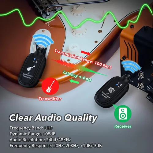 Vista 2 de Sistema de guitarra inalámbrico A8 UHF, 2 modos, batería recargable de litio, rango de 100 pies, Plug & Play para guitarra, bajo, violín, teclado
