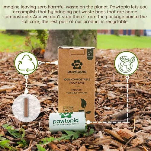 Vista 4 de Pawtopia Bolsas biodegradables para excrementos de perro, 60 unidades, compostables para el hogar, a prueba de fugas, fáciles de abrir