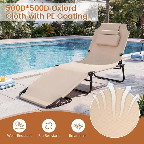 Vista 7 de Tangkula Sillón de playa, reclinable plegable para tomar el sol con agujero frontal, silla de bronceado boca abajo con respaldo ajustable de 4 Beige