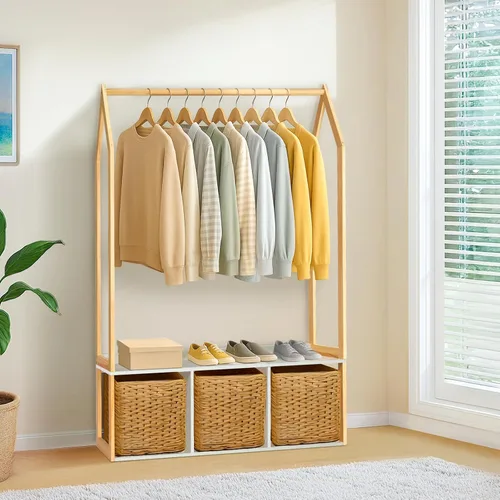 Vista 9 de Perchero de madera con almacenamiento, estantes de ropa independientes para colgar ropa perchero para dormitorio, entrada, sala de estar