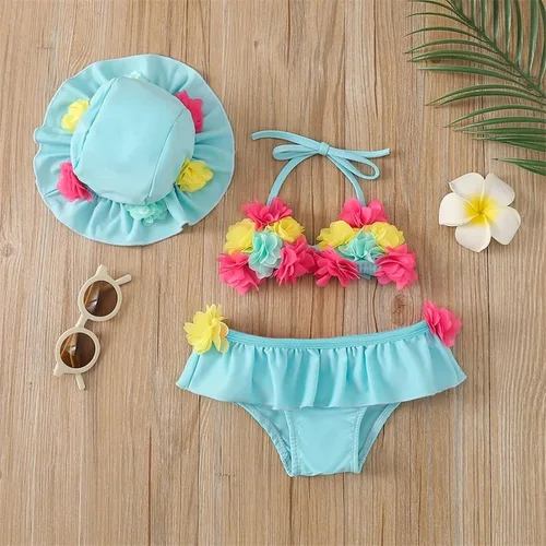 Vista 2 de Yccutest Traje de baño de flores para bebé, 3 piezas, parte superior triangular, parte inferior con volantes, sombrero para el sol, conjunto