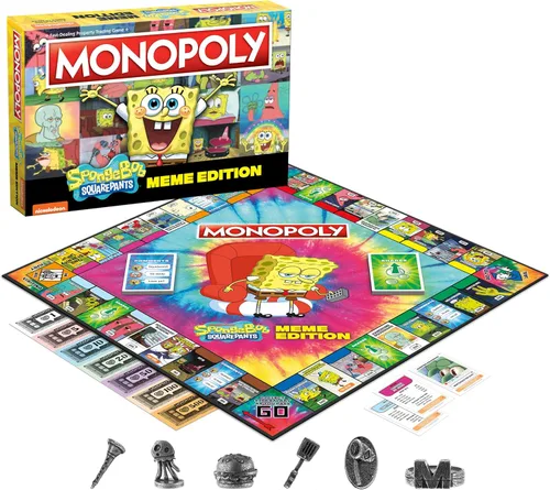 Vista 3 de Monopoly Spongebob Squarepants Meme Edition Basado en el programa de Nickelodeon Con memes familiares de ubicaciones, episodios y personajes