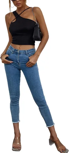 Vista 6 de Remidoo Top corto sexy con tirantes asimétricos y corte de punto acanalado para mujer