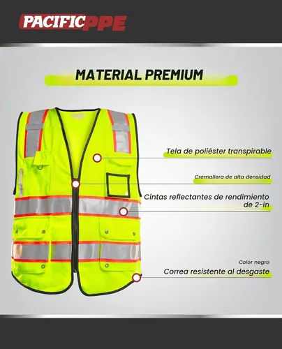 Vista 4 de PACIFIC Chaleco de seguridad clase 2 para hombres con 10 bolsillos, tiras reflectantes de alta visibilidad de 3M, cumple con el estándar ANSI/ISEA