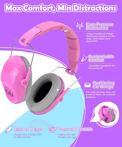 Vista 6 de PROHEAR 032 Auriculares con cancelación de ruido para niños, reducción de ruido de 25 dB, orejeras sensoriales ajustables de protección de oídos