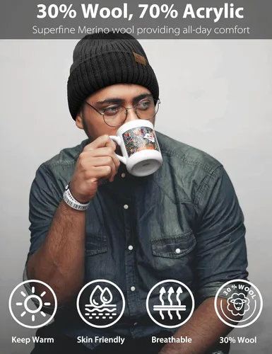 Vista 3 de LiuSuper Gorro XXL de gran tamaño para hombres y mujeres, gorro de invierno cálido extragrande para cabezas grandes, forrado y elástico Negro