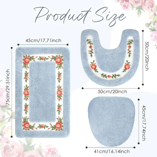 Vista 3 de Drydiet Juego de 3 alfombras de baño con rosas y flores, decoración de habitación, alfombra de baño floral en forma de U, antideslizante, Azul