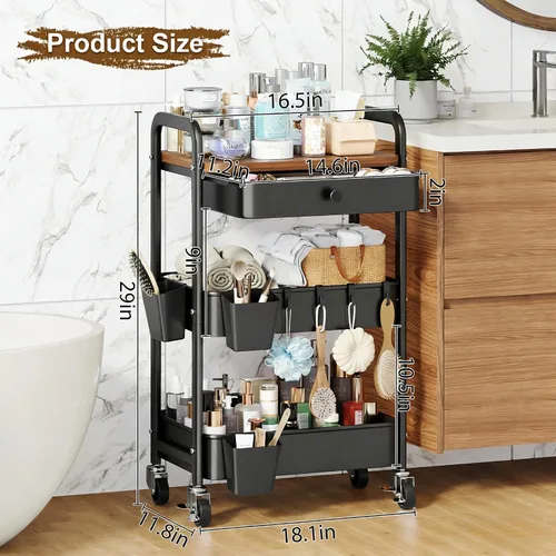 Vista 6 de Carrito de metal de 3 niveles con mesa y cajones de madera, carrito de almacenamiento negro sobre ruedas, organizador de carritos de arte de tres