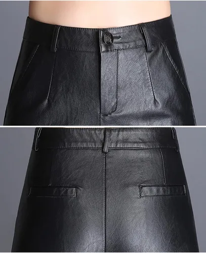 Vista 6 de Lucrosun Pantalones palazzos de piel sintética de cintura alta y pierna ancha para mujer, color negro