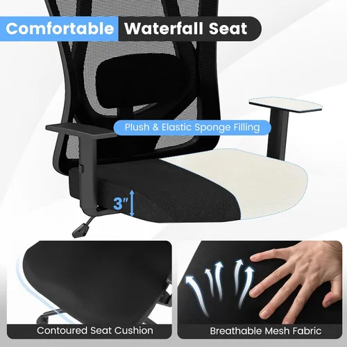 Vista 8 de COSTWAY Silla de oficina de malla, sillas ergonómicas de escritorio para computadora con reposacabezas 3D, reposabrazos ajustables y soporte lumbar