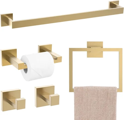 Vista 14 de Juego de 4 soportes para toallas de baño, juego de accesorios de baño de acero inoxidable negro y dorado, montaje en pared, 23.6 pulgadas