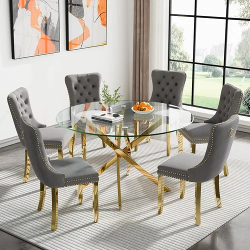 Vista 98 de Juego de mesa de comedor SSLine moderno de 3 piezas con mesa redonda de vidrio para 2, lujosa mesa de comedor circular de 36" con tapa de vidrio