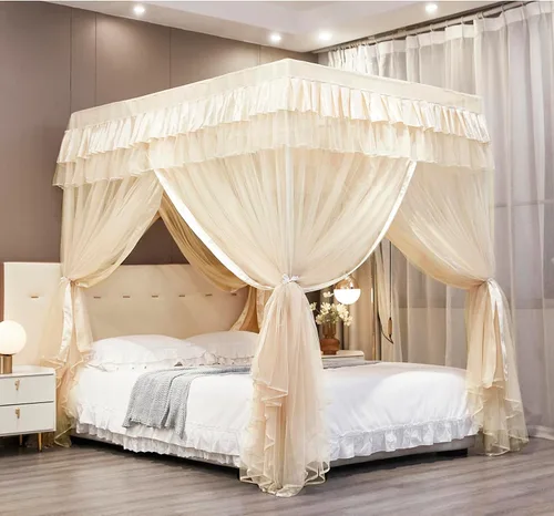 Vista 14 de Mengersi Cortina para Dosel de Cama Princesa, con 4 Esquinas, Dosel con Mosquitero para Cama de Princesa (Blanco, Doble)