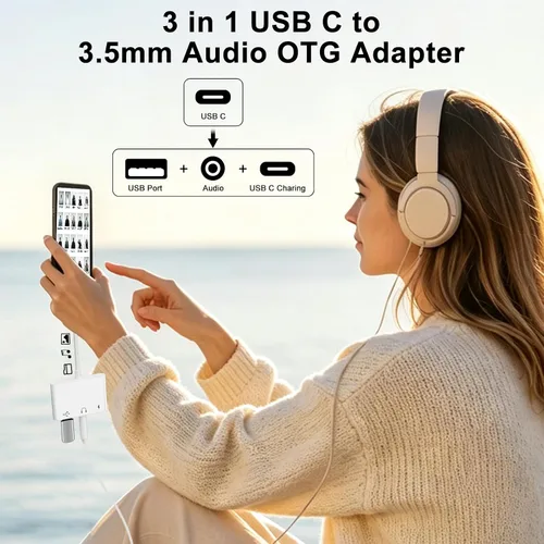 Vista 5 de USB C a 3.5mm Adaptador de Audio OTG, Adaptador USB-C a USB 3en1 con Conector de Auriculares de 3.5mm y Carga Rápida PD de 60W, Compatible