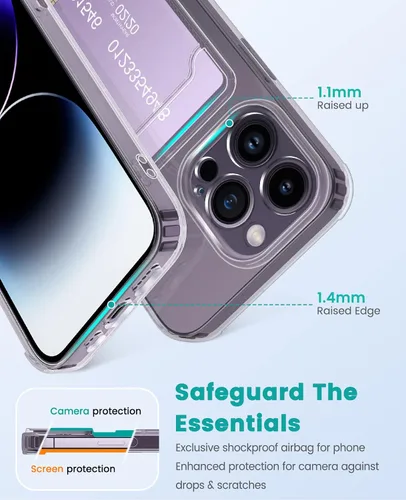 Vista 2 de Funda transparente compatible con iPhone 14 Pro con ranura para tarjetero, a prueba de golpes, funda protectora de silicona suave y delgada, funda