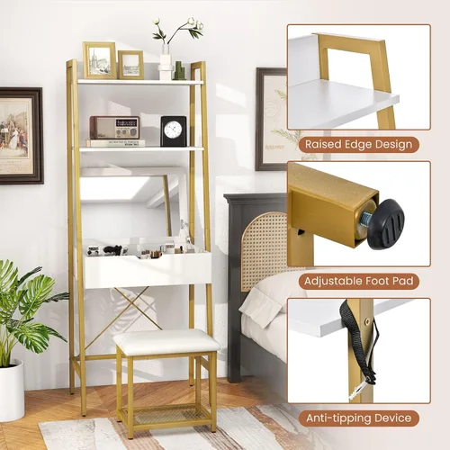 Vista 5 de COSTWAY Juego de escritorio con espejo abatible, mesa de tocador con escalera y taburete acolchado con 4 compartimentos de almacenamiento, pequeño
