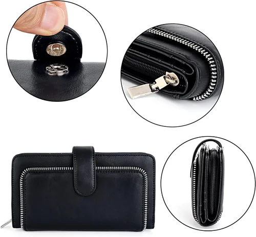 Vista 4 de UTO Cartera de cuero vegano para mujer, cartera larga con broche de presión, tarjetero de crédito, elegante embrague