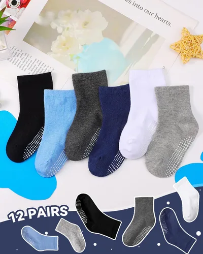 Vista 6 de BOOPH Calcetines antideslizantes para bebés, niños y niñas, con agarres, 12 pares
