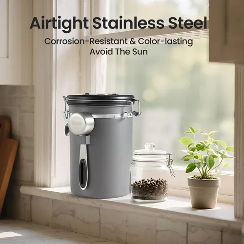 Vista 5 de Veken Recipiente de café, recipiente hermético de acero inoxidable para almacenamiento de alimentos con rastreador de fecha y cuchara para café Gris
