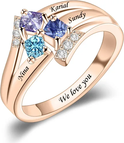 Vista 5 de MissNaNa Anillos personalizados de plata de ley 925 con piedras de nacimiento de imitación grabadas de 1 a 6 nombres de familia, anillos para el día