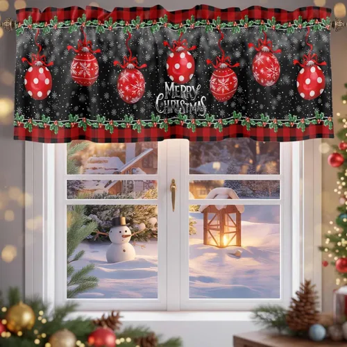 Vista 34 de Cenefa de cortina con lazo rojo de Navidad para ventanas, sala de estar, cocina, baño, granja, bolas de Navidad de acuarela con diseño de bayas