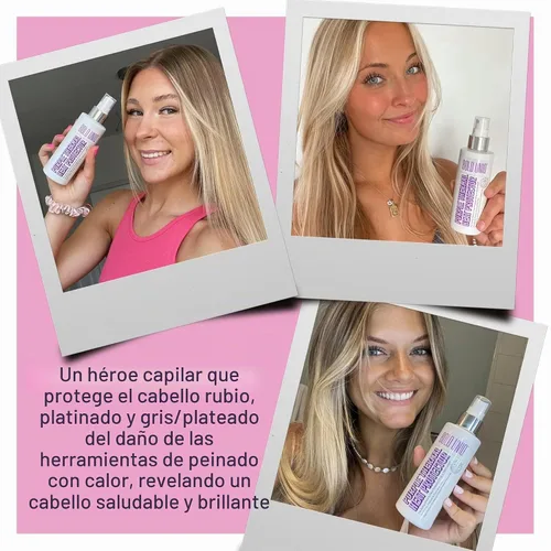Vista 2 de Spray protector de calor formulado para cabello rubio, platino, ceniza y plata/gris. Fórmula profesional de protección térmica que minimiza