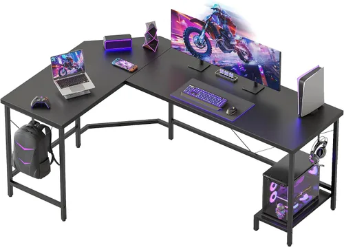 Vista 36 de Mericonia Escritorio para computadora en forma de L con tomas de corriente, escritorio para juegos reversible con estantes de almacenamiento y Marrón