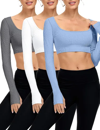 Vista 2 de Paquete de 3 camisetas cortas acanaladas sin costuras de manga larga con cuello cuadrado para mujer, entrenamiento, gimnasio, yoga