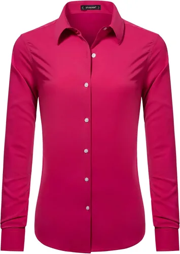 Vista 10 de Blusas de negocios para mujer, de manga larga, sin arrugas, con botones, ajuste clásico, cuello para el trabajo y la oficina