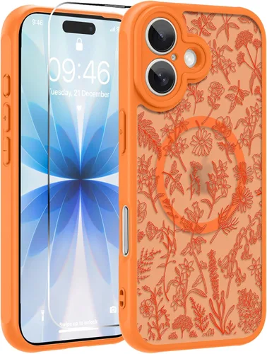 Vista 70 de OOK Funda magnética para iPhone 13 Pro Max [compatible con MagSafe] Funda delgada translúcida mate con flor silvestre negra, protección para lente