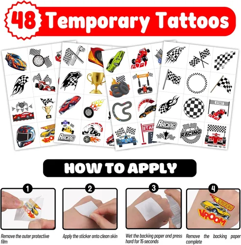 Vista 5 de 72 piezas de recuerdos de fiesta de autos de carreras para niños, suministros de fiesta temática de automóviles con 48 tatuajes temporales