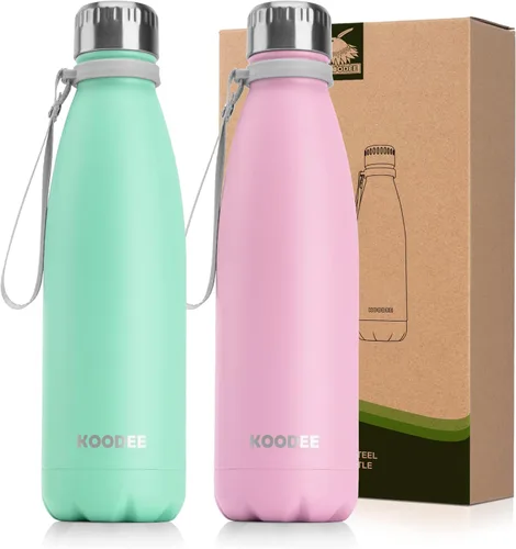 Vista 14 de koodee Botella de agua aislada (paquete de 2) botella de agua de doble pared de acero inoxidable 18/8, botella térmica de viaje con forma de cola