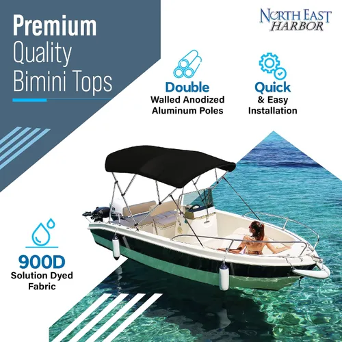 Vista 2 de Bimini Tops de 4 lazos para barcos, a prueba de decoloración, postes de soporte, botas de almacenamiento, lona marina 900D, toldo para barco