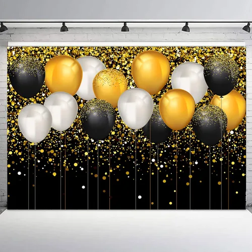 Vista 13 de Telón de fondo de graduación de 5 x 3 pies para sesión de fotos, globos negros y dorados de la clase de 2024, felicitaciones, fiesta de graduación