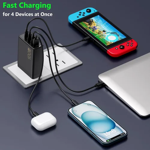 Vista 3 de Bloque de cargador USB C de 100 W, cargador rápido GaN de 4 puertos compatible con MacBook Pro, MacBook Air, Google Pixelbook, ThinkPad, Dell XPS