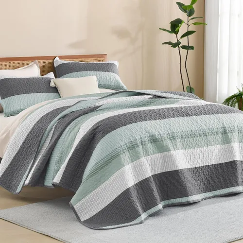Vista 10 de Litanika Edredón tamaño Queen, juego de ropa de cama de 3 piezas a rayas 01 - Blanco y negro