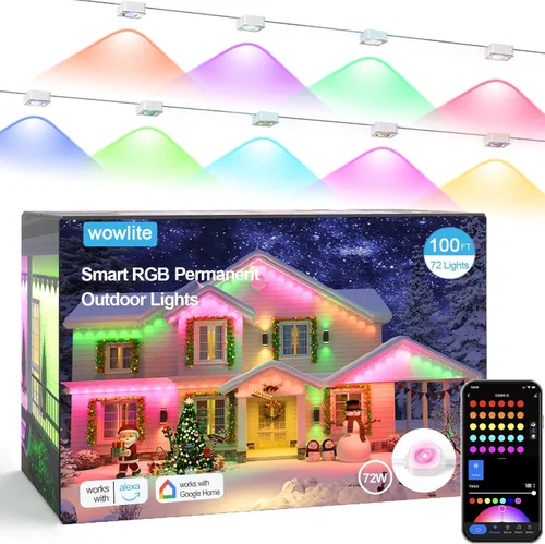 Vista 10 de wowlite Luces exteriores permanentes de 50 pies, luces inteligentes RGBIC para aleros con 36 LEDs, impermeables IP67, más de 110 modos de escena