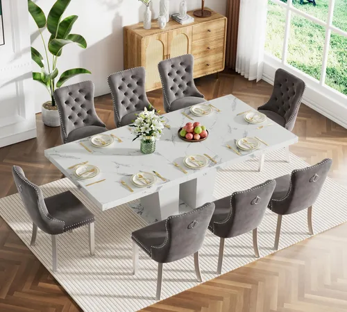 Vista 14 de Juego de mesa de comedor extensible marrón de 63 a 78.74 pulgadas para 4, juego de mesa de comedor de 5 piezas con 4 sillas, mesa de cocina