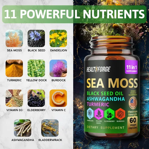 Vista 2 de Cápsulas de musgo marino irlandés Organic Seamoss 3000 mg Cápsulas de aceite de semilla negra 2000 mg Ashwagandha Suplementos 1000 mg de cúrcuma