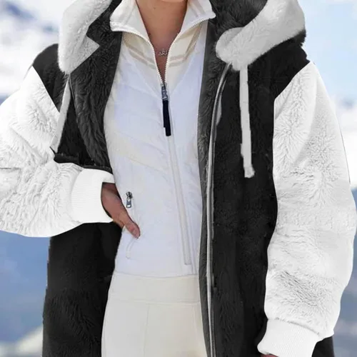Vista 6 de Chaqueta mullida con cremallera para mujer sudadera de manga larga abrigo de peluche con bolsillos Beige