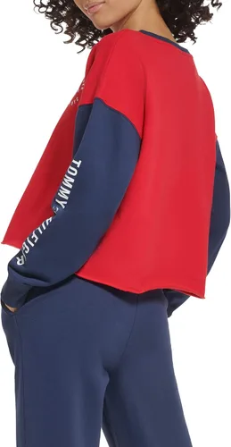 Vista 3 de Tommy Hilfiger Sudadera estampada con cuello redondo y manga para mujer, ligeramente recortada, con estampado de bloques