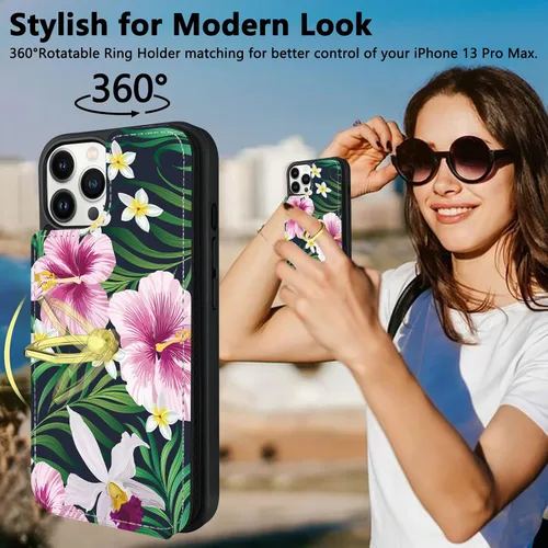 Vista 3 de Funda compatible con iPhone 13 Pro Max con tarjetero y rotación de 360°, soporte de anillo de dedo con función atril, bloqueo RFID, piel sintética